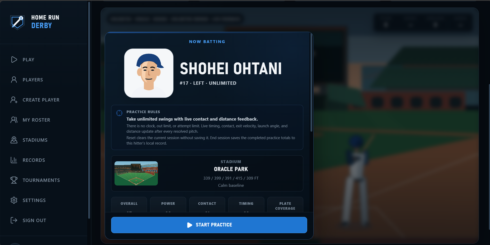 Home Run Derby PWA practice screen showing Shohei Ohtani selected at Oracle Park
